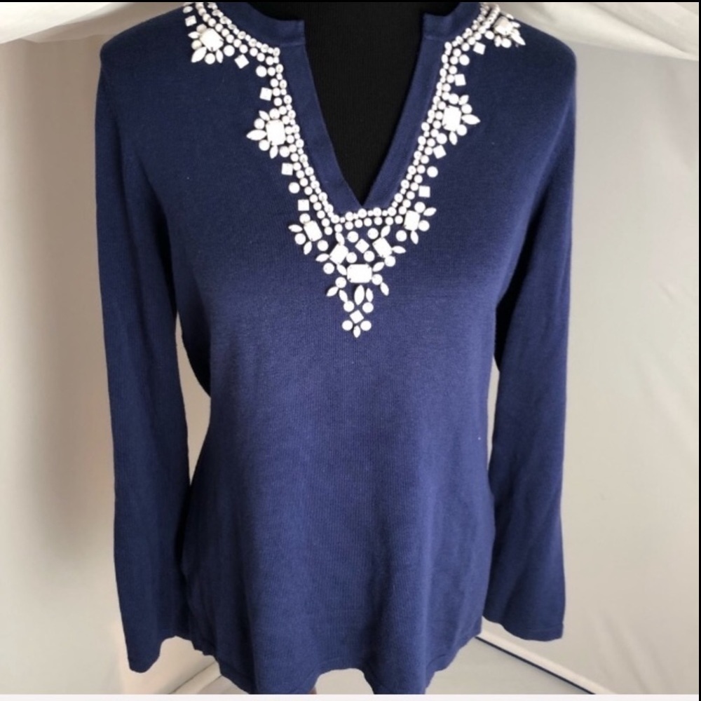 MICHAEL Michael Kors blue v-neck knit with white beads around neckline